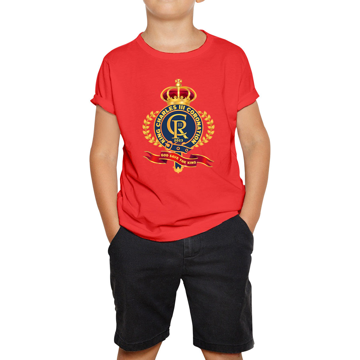 King Charles III Coronation 2023 CR III God Save The King Royal Crown United Kingdom Ruling Monarch Kids T Shirt