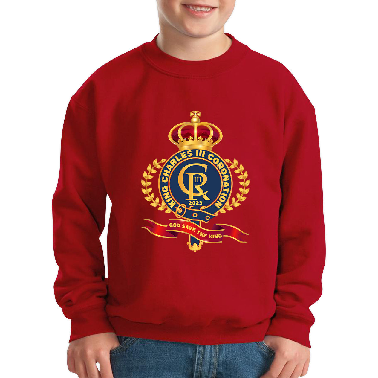 King Charles III Coronation 2023 CR III God Save The King Royal Crown United Kingdom Ruling Monarch Kids Jumper