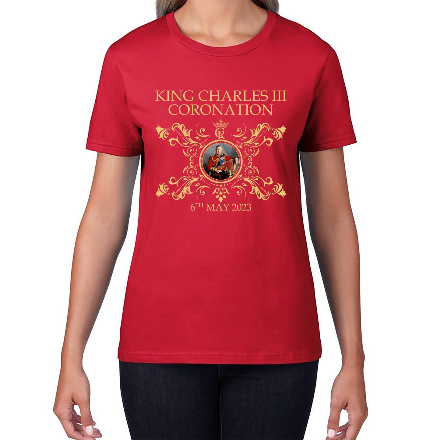 King Charles III Coronation 6th May 2023 Royal Cypher CR III Union Jack Ruling Monarch Of England Womens Tee Top