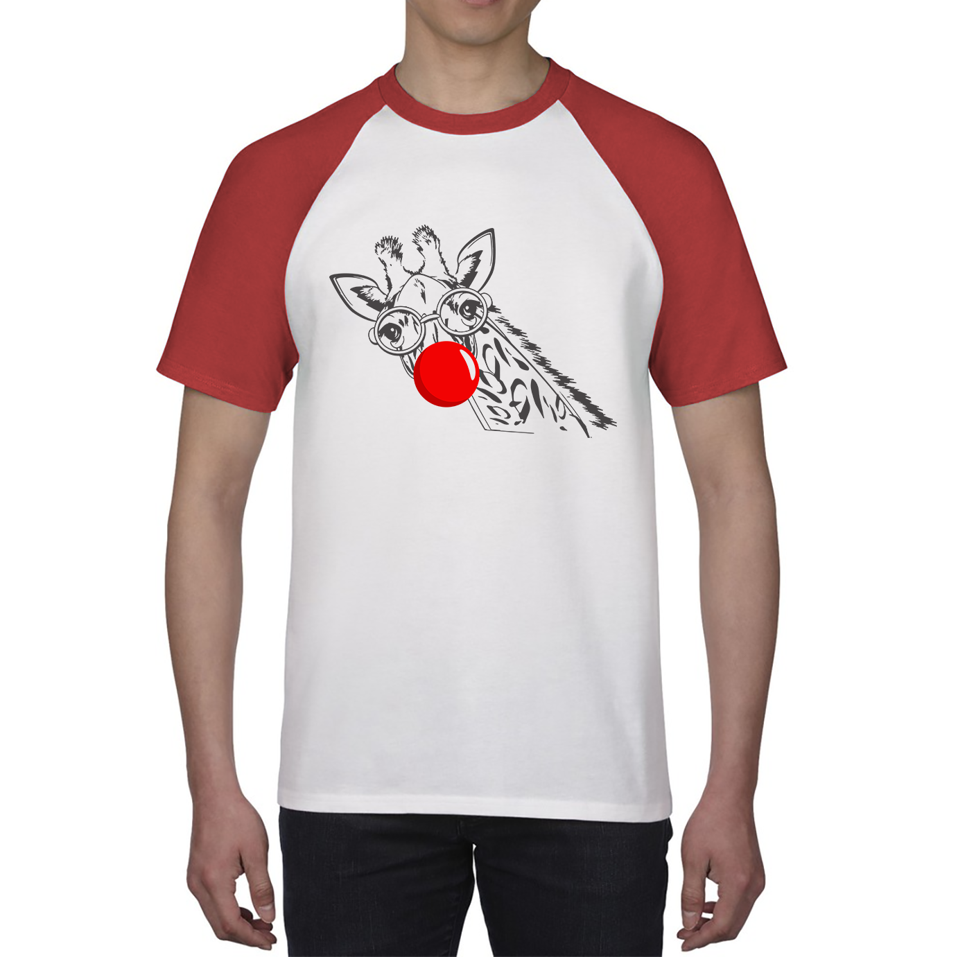 Giraffe Red Nose Day Baseball T Shirt. 50% Goes To Charity