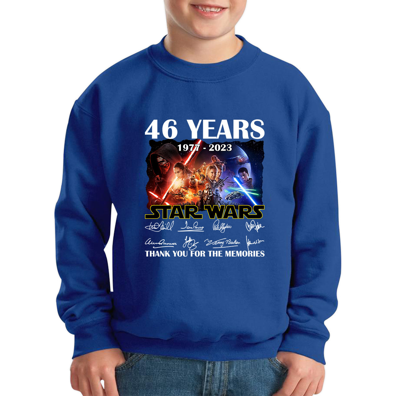 Disney Star Wars Day 46th Anniversary 1977-2023 The Force Awakens Characters Signatures Thank You For The Memories Kids Jumper