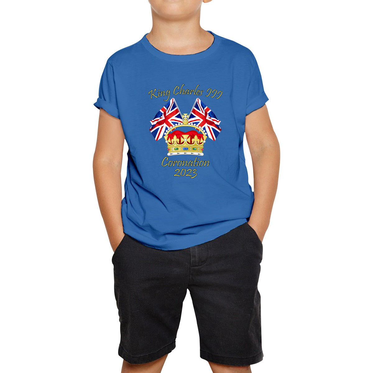 King Charles III Coronation 2023 United Kingdom Flags Royal Crown Ruling Monarch Of England CR III Kids T Shirt