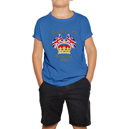 King Charles III Coronation 2023 United Kingdom Flags Royal Crown Ruling Monarch Of England CR III Kids T Shirt