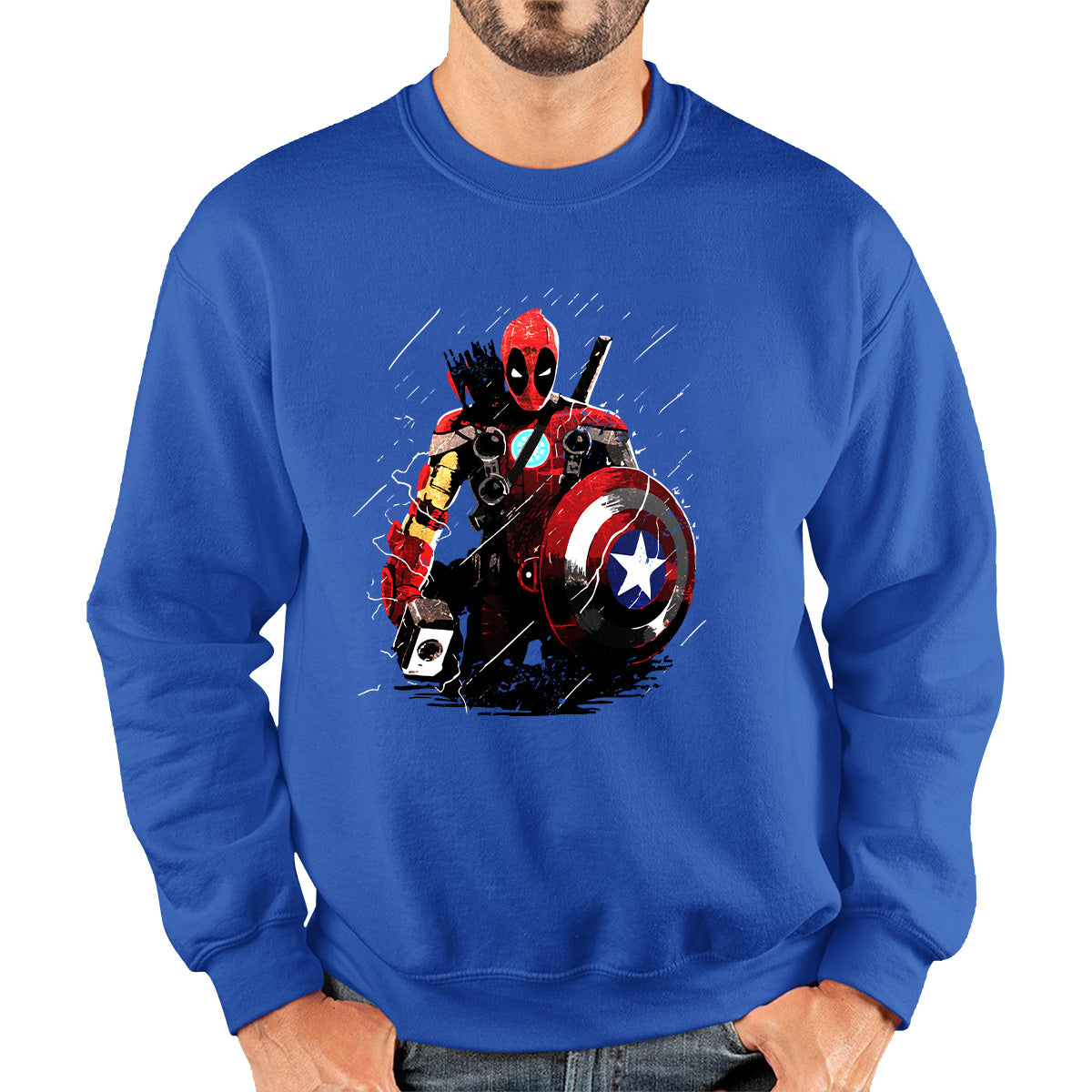 Deadpool With All Marvel Superhero Weapons Captain America, Spired-man, Iron Man, Deadpool, Thor, And Hawkeye Unisex Sweatshirt