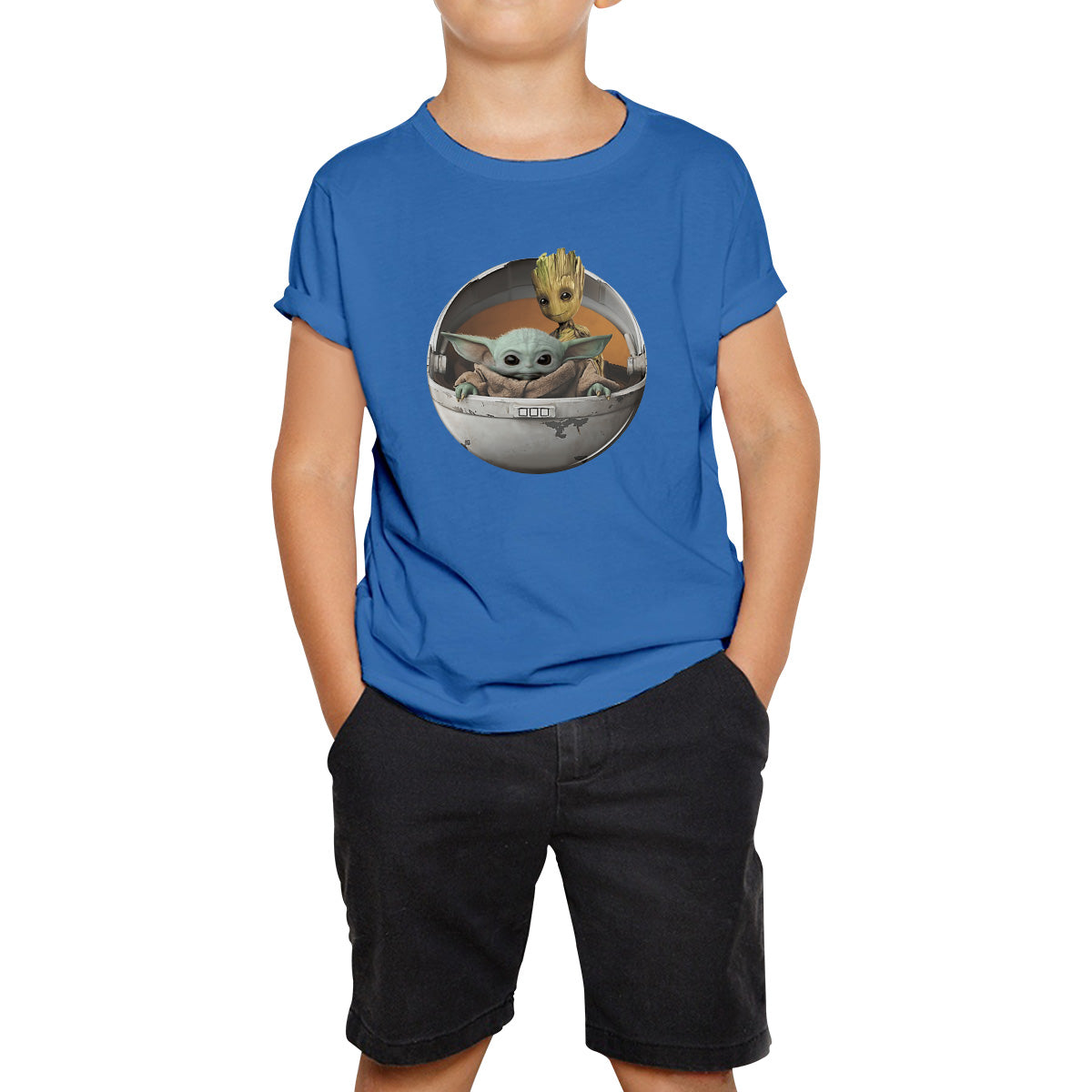 Grogu Baby Yoda And Baby Groot The Mandalorian Disney Star Wars Child In Hover Pod Pram Disney Star Wars Day 46th Anniversary Kids T Shirt