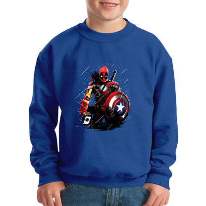 Deadpool With All Marvel Superhero Weapons Captain America, Spired-man, Iron Man, Deadpool, Thor, And Hawkeye Kids Jumper