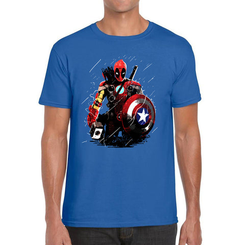 Deadpool With All Marvel Superhero Weapons Captain America, Spired-man, Iron Man, Deadpool, Thor, And Hawkeye Mens Tee Top