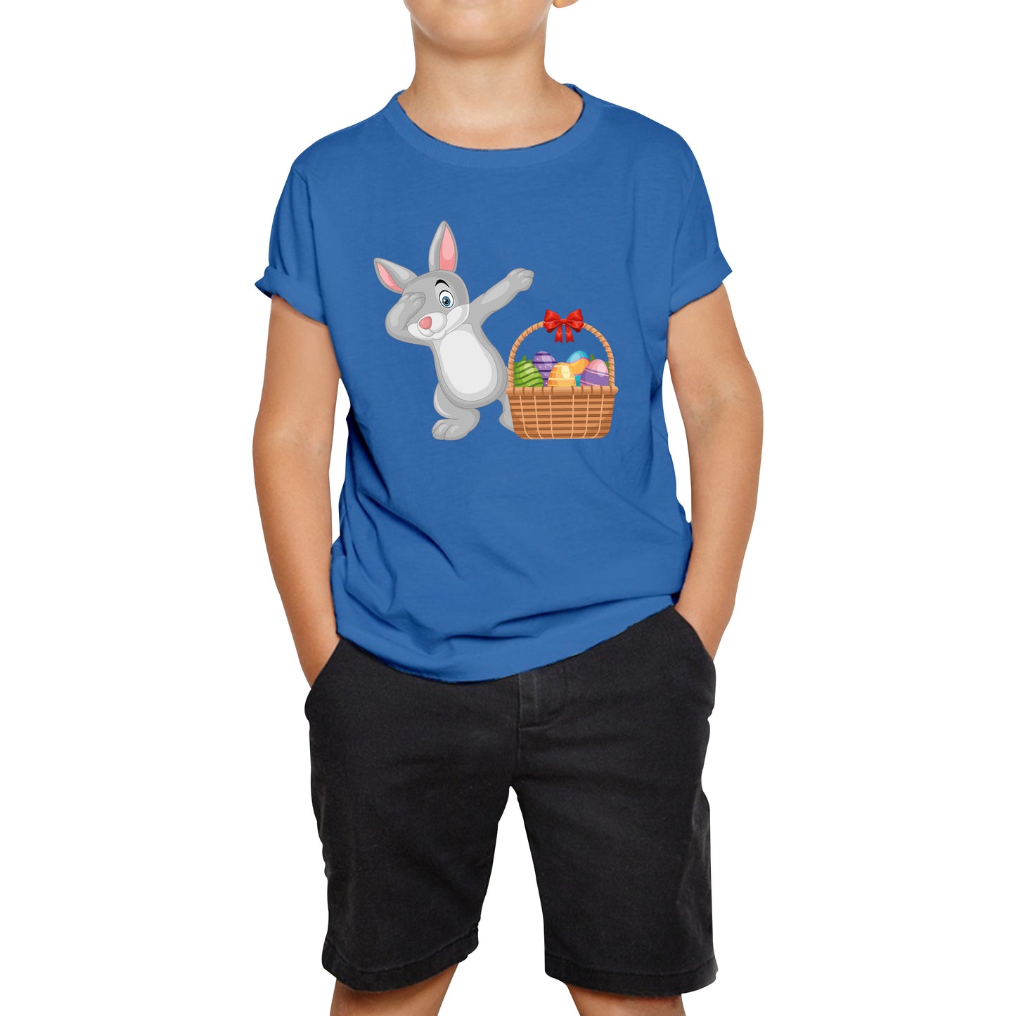 Dabbing Bunny With Eggs Basket Happy Easter Day Cute Rabbit Bunny Easter Day Kids Tee