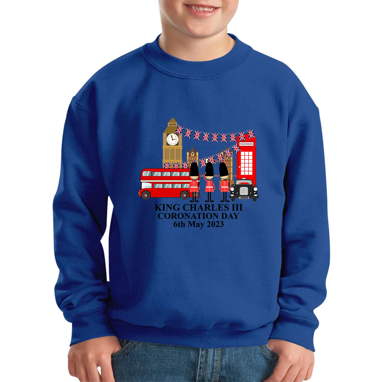 King Charles III Coronation Day 6th May 2023 Great Britain Big Ben Tower Telephone Booth And Red Bus London England Flag Kids Jumper