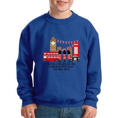 King Charles III Coronation Day 6th May 2023 Great Britain Big Ben Tower Telephone Booth And Red Bus London England Flag Kids Jumper