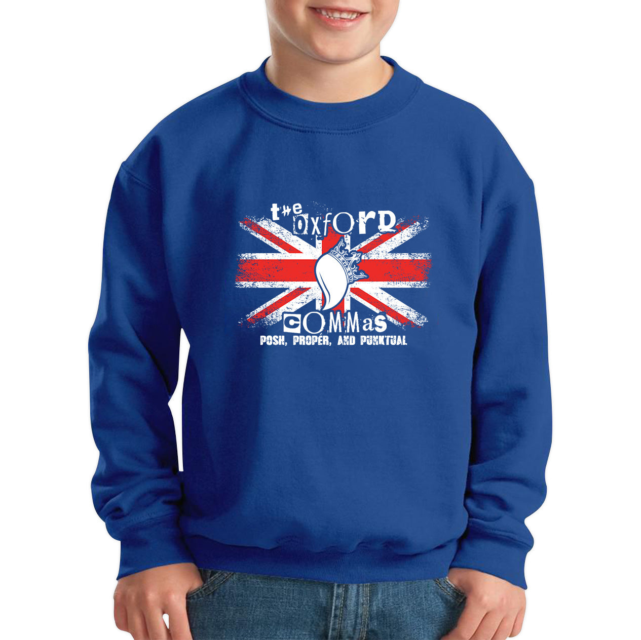 The Oxford Commas Push, Proper and Punktual Funny Grammar UK Flag Kids Jumper