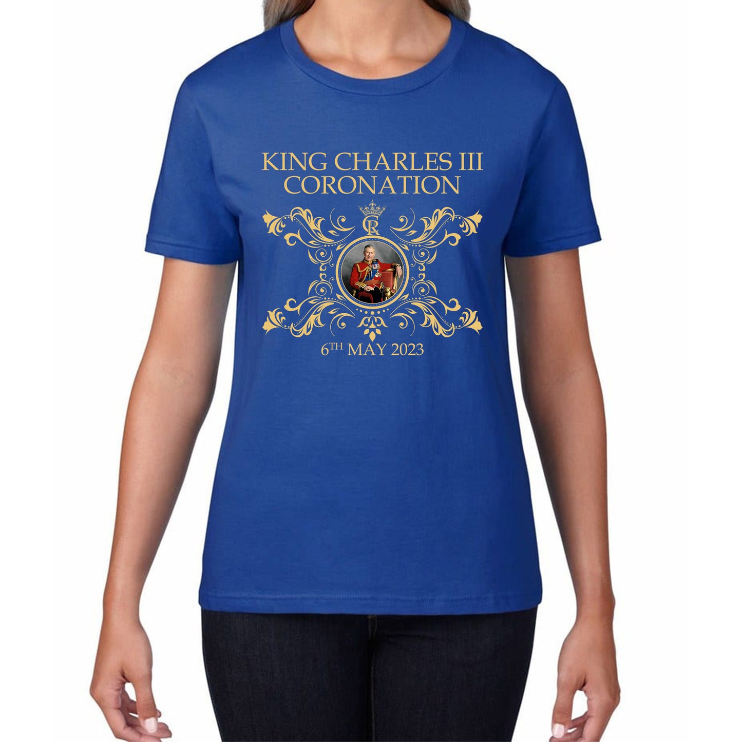 King Charles III Coronation 6th May 2023 Royal Cypher CR III Union Jack Ruling Monarch Of England Womens Tee Top