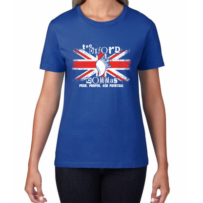The Oxford Commas Push, Proper and Punktual Funny Grammar UK Flag Womens Tee Top