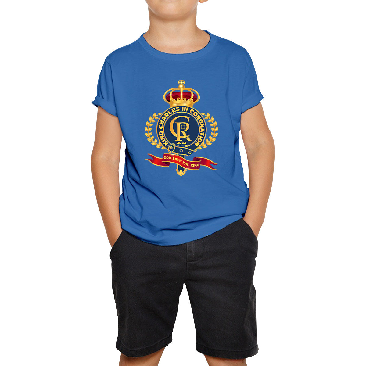 King Charles III Coronation 2023 CR III God Save The King Royal Crown United Kingdom Ruling Monarch Kids T Shirt