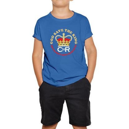 God Save The King CR III King Charles III Coronation 2023 His Majesty British Royal Crown Union Jack Kids T Shirt