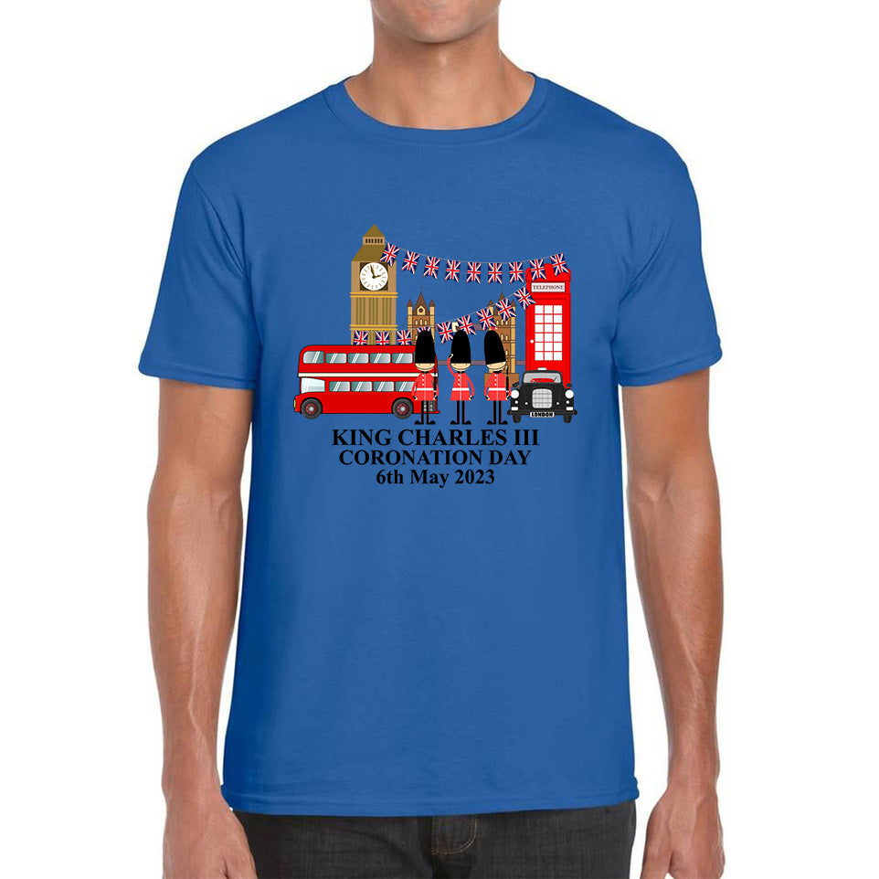 King Charles III Coronation Day 6th May 2023 Great Britain Big Ben Tower Telephone Booth And Red Bus London England Flag Mens Tee Top