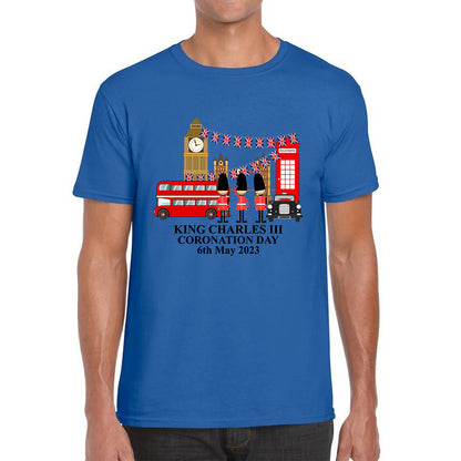 King Charles III Coronation Day 6th May 2023 Great Britain Big Ben Tower Telephone Booth And Red Bus London England Flag Mens Tee Top