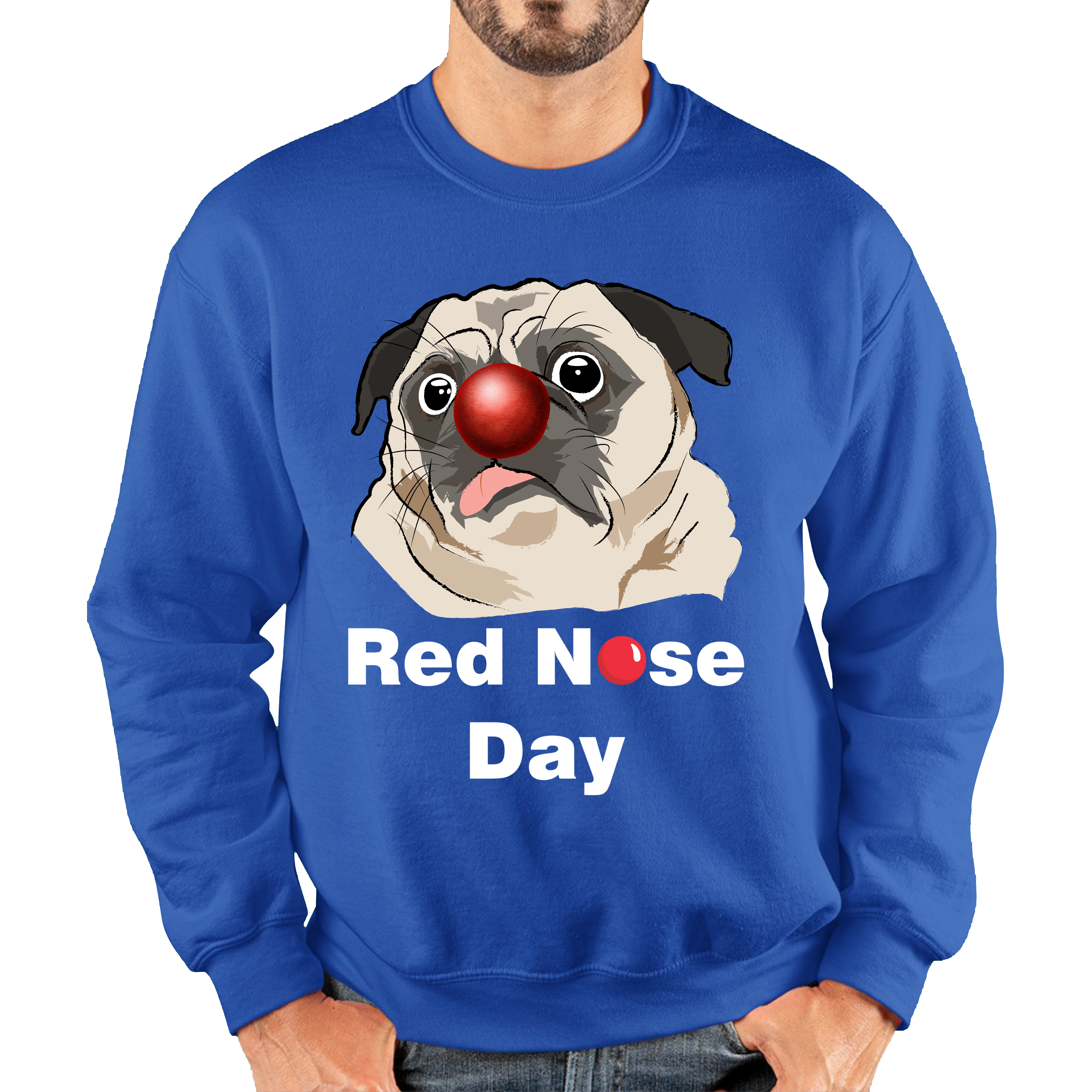 Pug Dog Red Nose Day Adult Sweatshirt. 50% Goes To Charity
