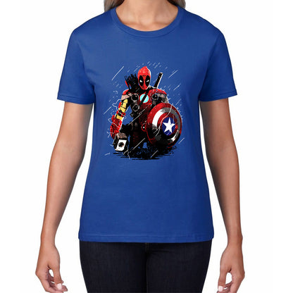 Deadpool With All Marvel Superhero Weapons Captain America, Spired-man, Iron Man, Deadpool, Thor, And Hawkeye Womens Tee Top