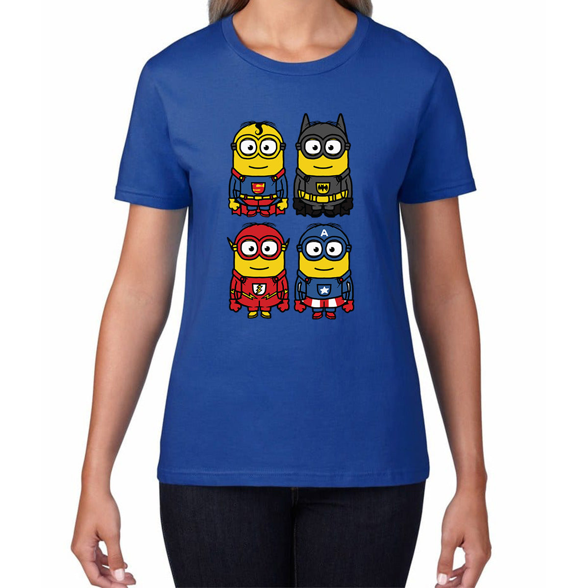 The 4 Minions Heros Super Minions Captain America Batman Superman Riddler The Flash Dc Minions Parody Pop Art Womens Tee Top