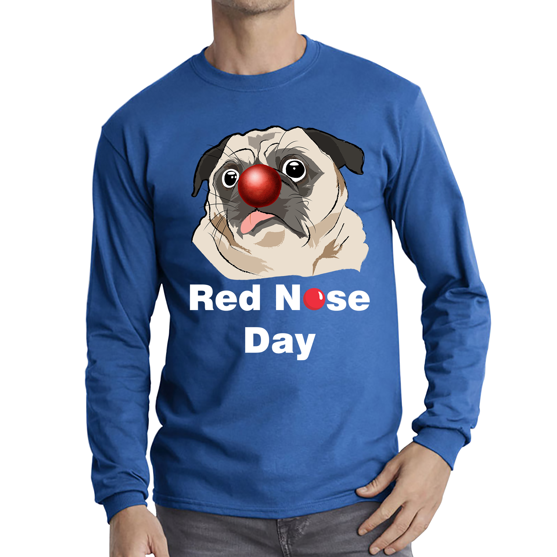 Pug Dog Red Nose Day Adult Long Sleeve T Shirt. 50% Goes To Charity