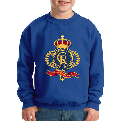 King Charles III Coronation 2023 CR III God Save The King Royal Crown United Kingdom Ruling Monarch Kids Jumper
