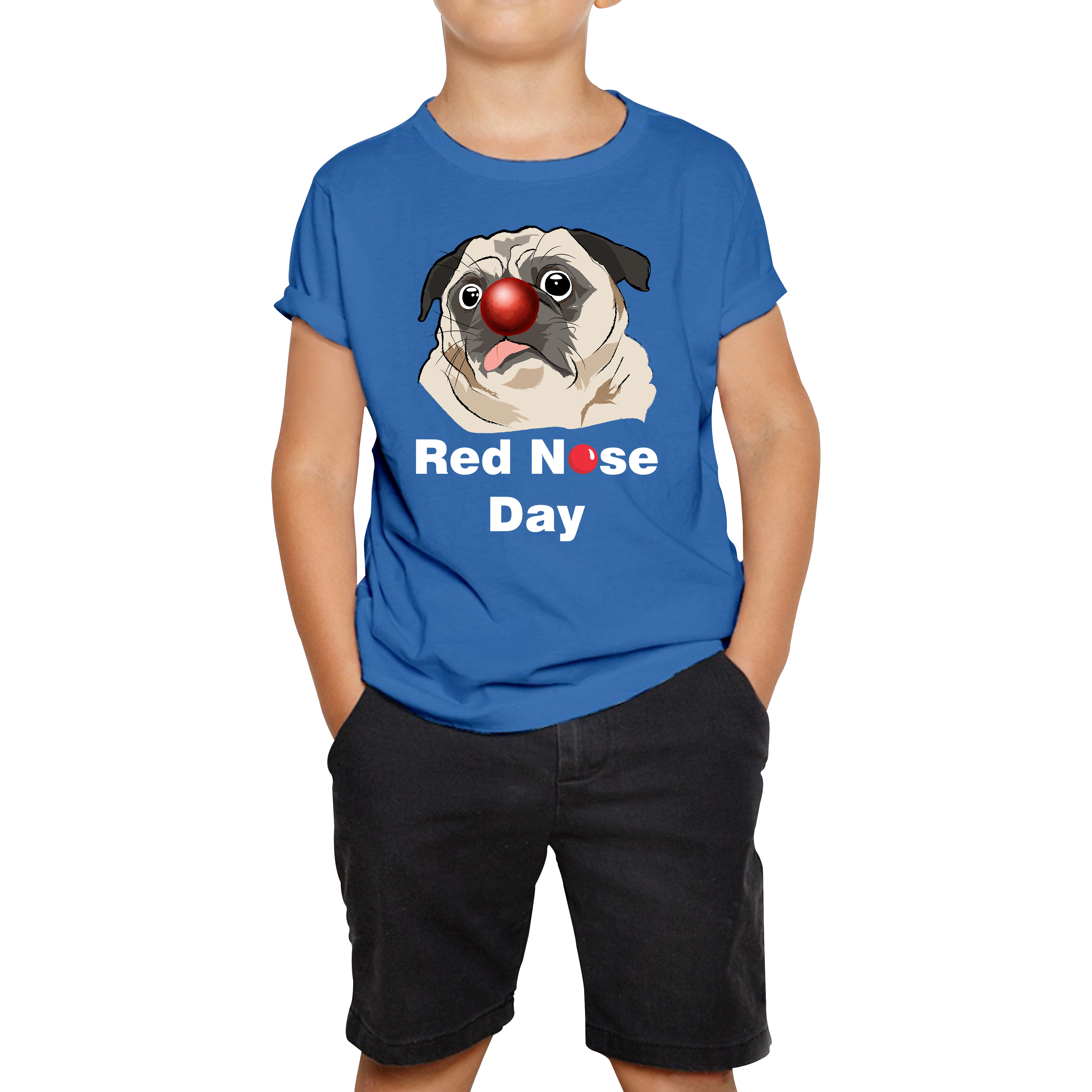 Pug Dog Red Nose Day Kids T Shirt. 50% Goes To Charity