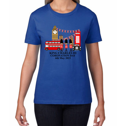 King Charles III Coronation Day 6th May 2023 Great Britain Big Ben Tower Telephone Booth And Red Bus London England Flag Womens Tee Top