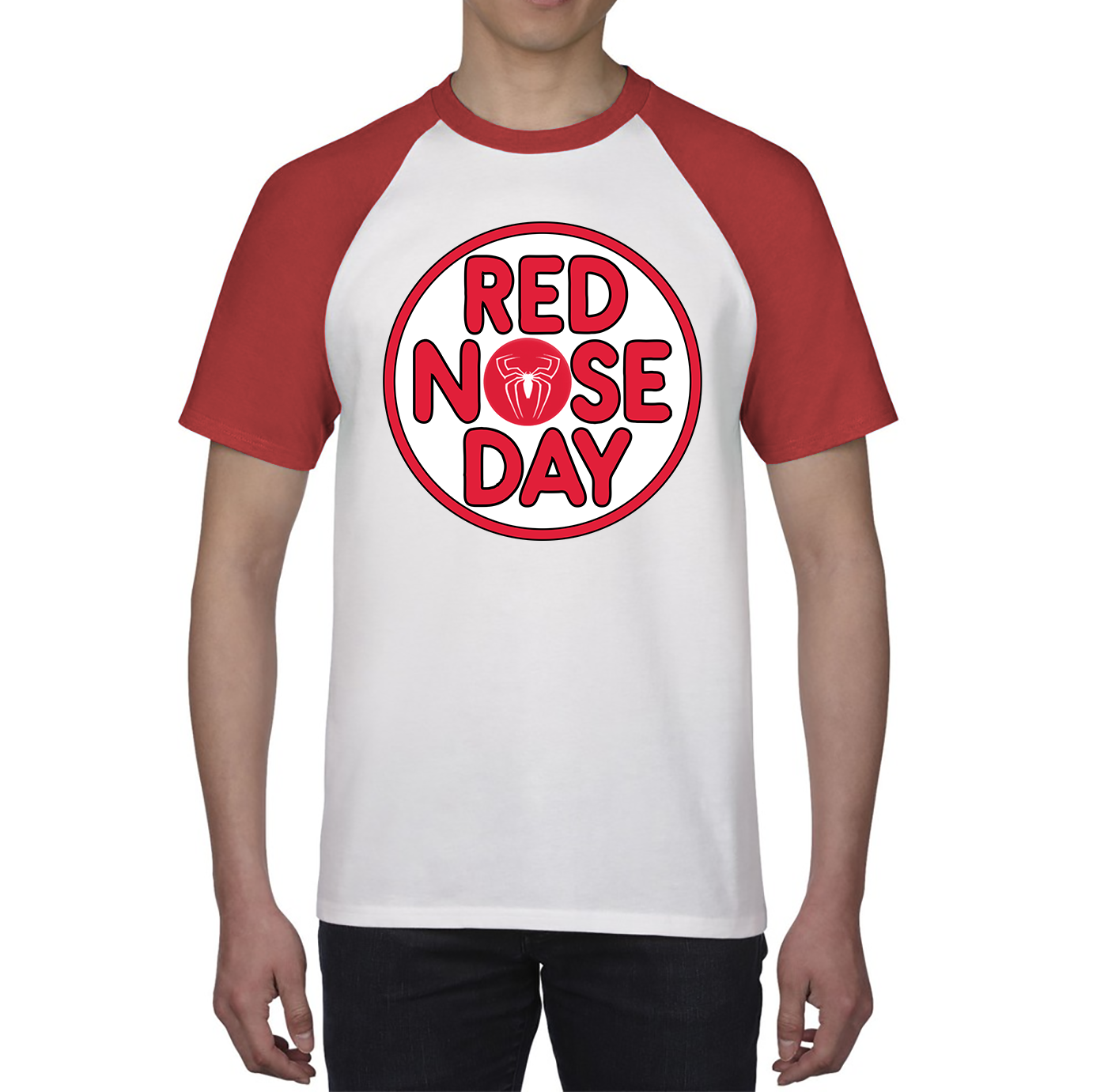 Spider Man Red Nose Day Baseball T Shirt. 50% Goes To Charity