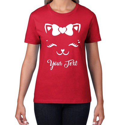 Personalised Cute Cat Face With Bow Your Name Cute Funny Kitten Lashes Cat Lover Birthday Womens Tee Top