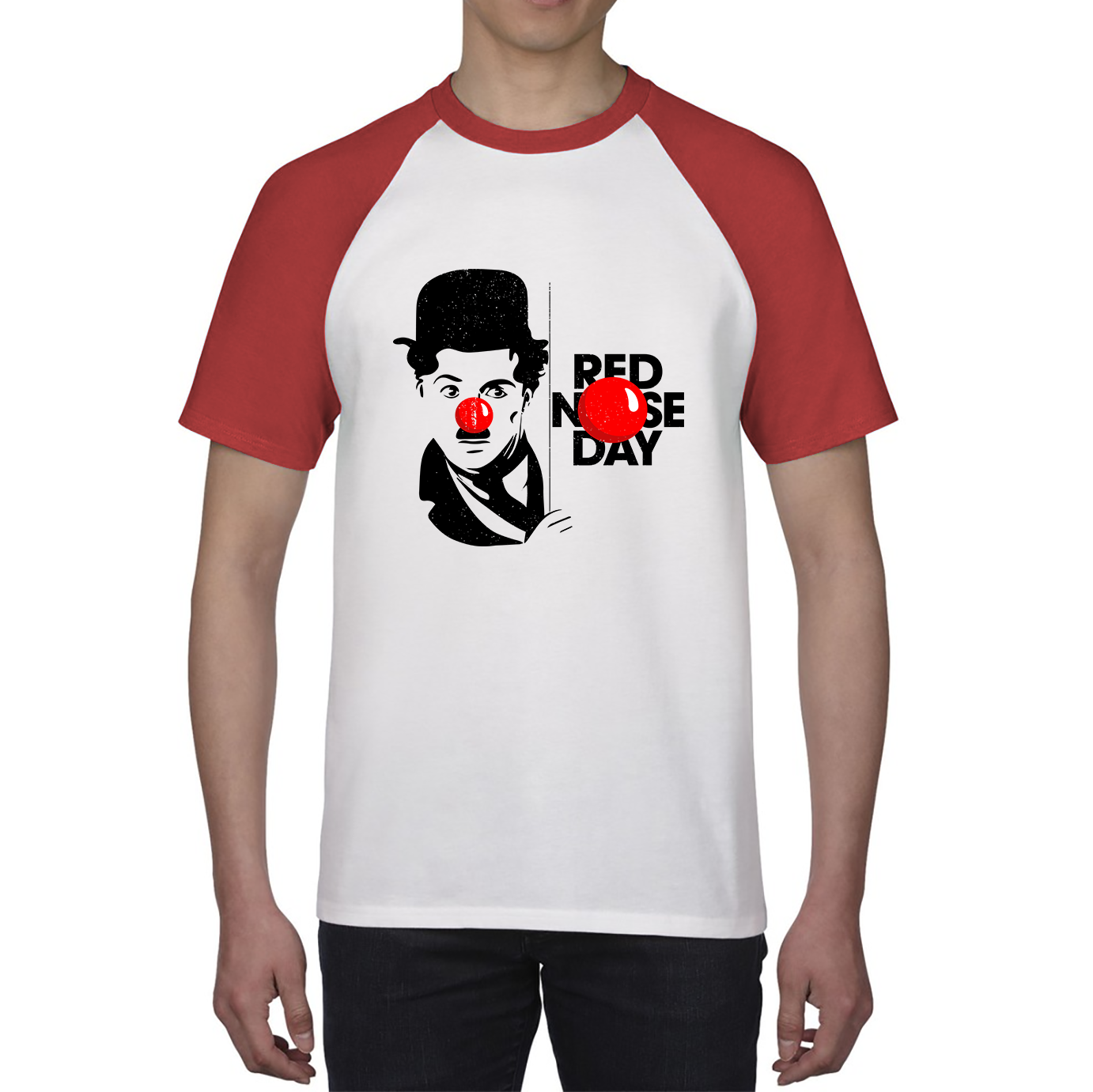 Charlie Chaplin Funny Red Nose Day Baseball T Shirt. 50% Goes To Charity