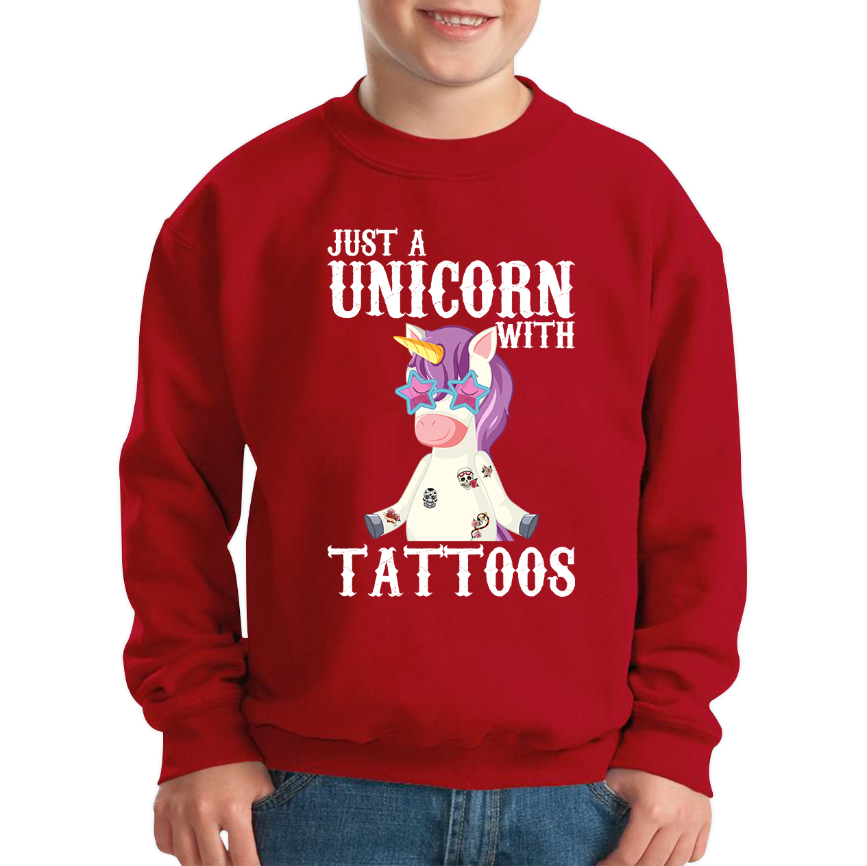 Just A Unicorn With Tattoos Rainbow Horse & Pony Lover Magic Believer Kids Jumper