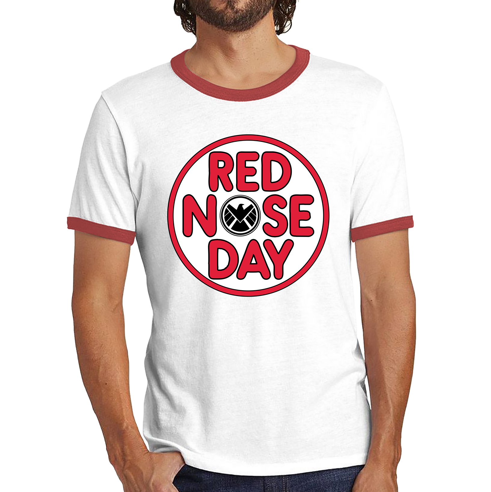 Marvel Shield Red Nose Day Ringer T Shirt. 50% Goes To Charity