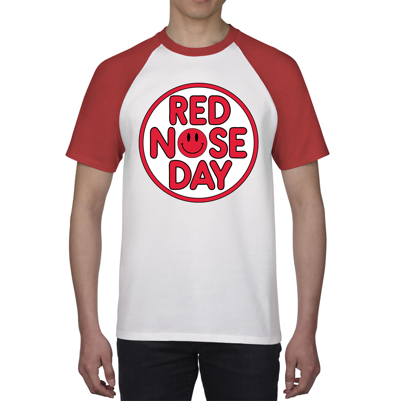 Smiley Face Red Nose Day Baseball T Shirt. 50% Goes To Charity