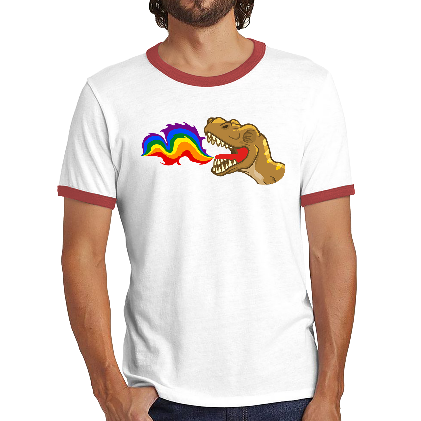LGBT T-Rex Dinosaur Pride Lgbt Dino Rainbow Fire Ringer T Shirt
