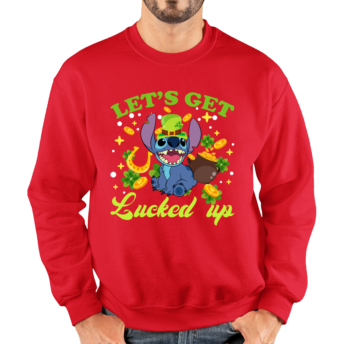 Let's Get Lucked Up Stitch Leprechaun Funny Cartoon St Patrick's Day Irish Festival Unisex Sweatshirt