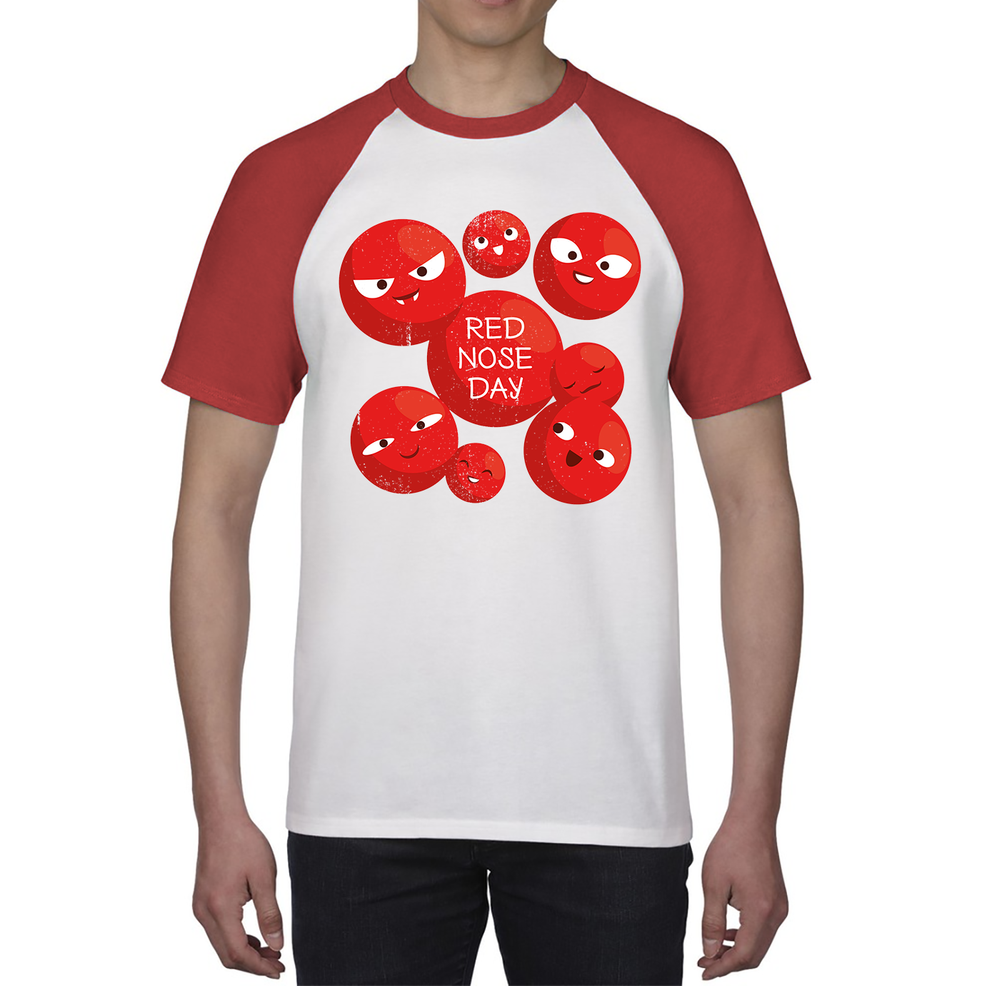 Red Nose Day Funny Noses Baseball T Shirt. 50% Goes To Charity