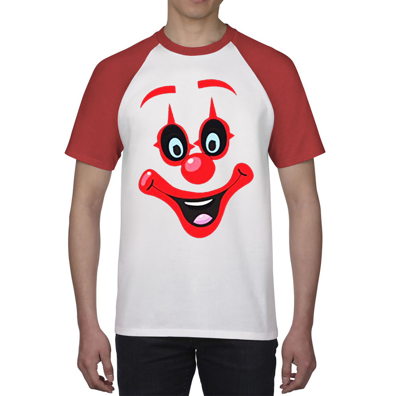 Funny Clown Face Red Nose Day Baseball T Shirt. 50% Goes To Charity