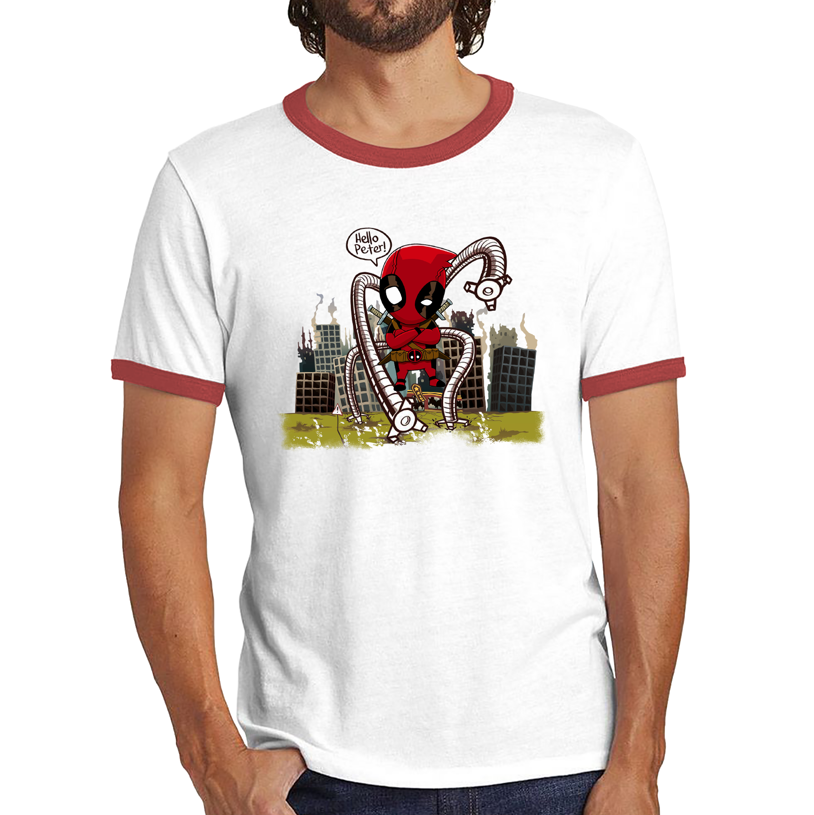 Hello Peter Spiderman x Deadpool Spoof Ringer T Shirt