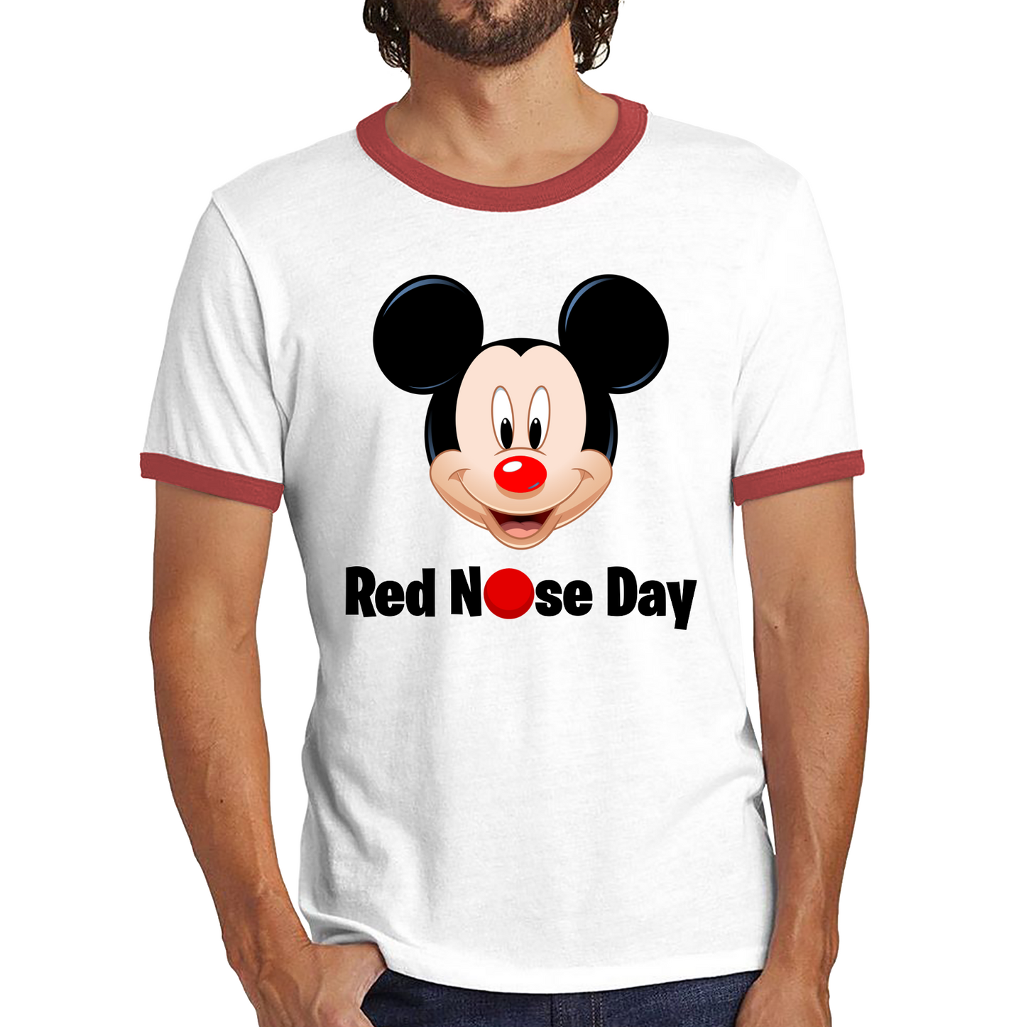 Disney Mickey Mouse Red Nose Day Ringer T Shirt. 50% Goes To Charity