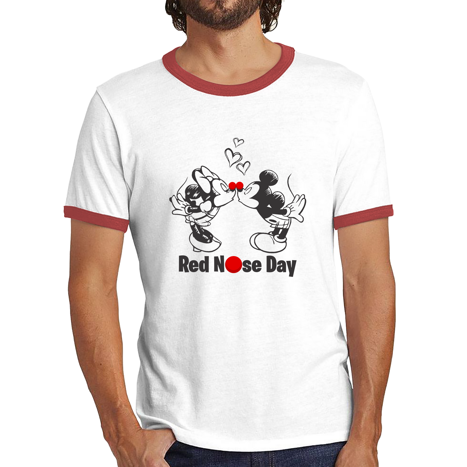 Disney Mickey And Minnie Mouse Red Nose Day Ringer T Shirt. 50% Goes To Charity
