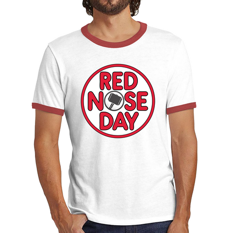 Marvel Avenger Thor Hammer Red Nose Day Ringer T Shirt. 50% Goes To Charity