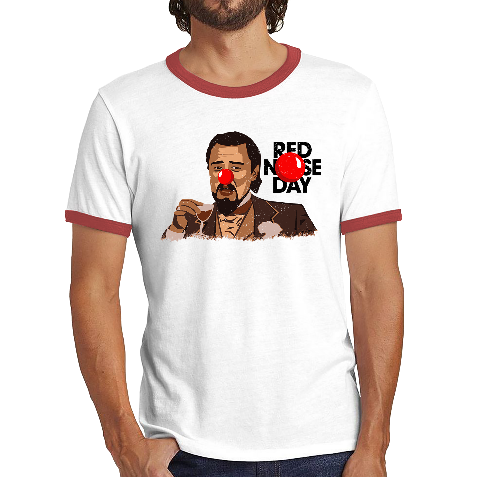 Leonardo Dicaprio Laughing Meme Red Nose Day Ringer T Shirt. 50% Goes To Charity