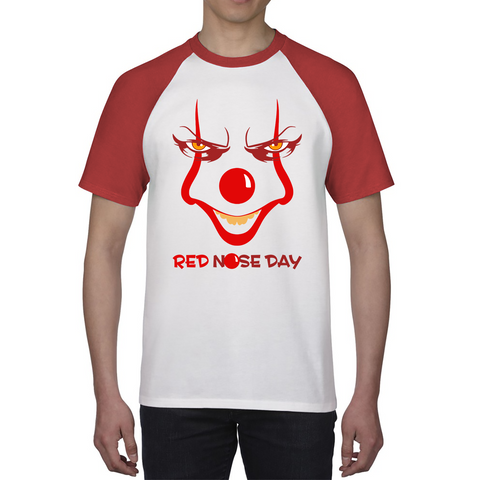 Pennywise Clown Face Red Nose Day Funny Comic Relief Baseball T Shirt. 50% Goes To Charity
