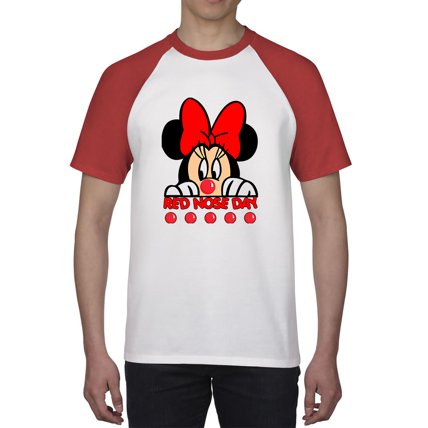 Disney Minnie Mouse Red Nose Day Baseball T Shirt. 50% Goes To Charity