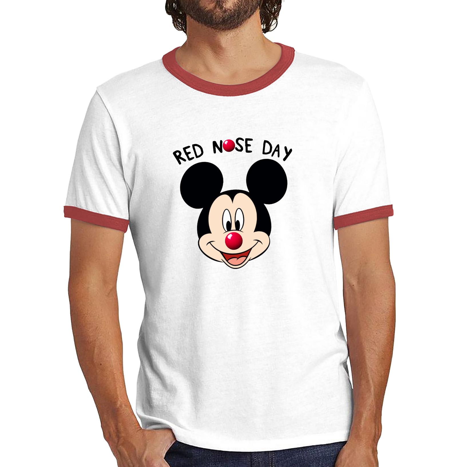 Disney Mickey Mouse Red Nose Day Ringer T Shirt. 50% Goes To Charity