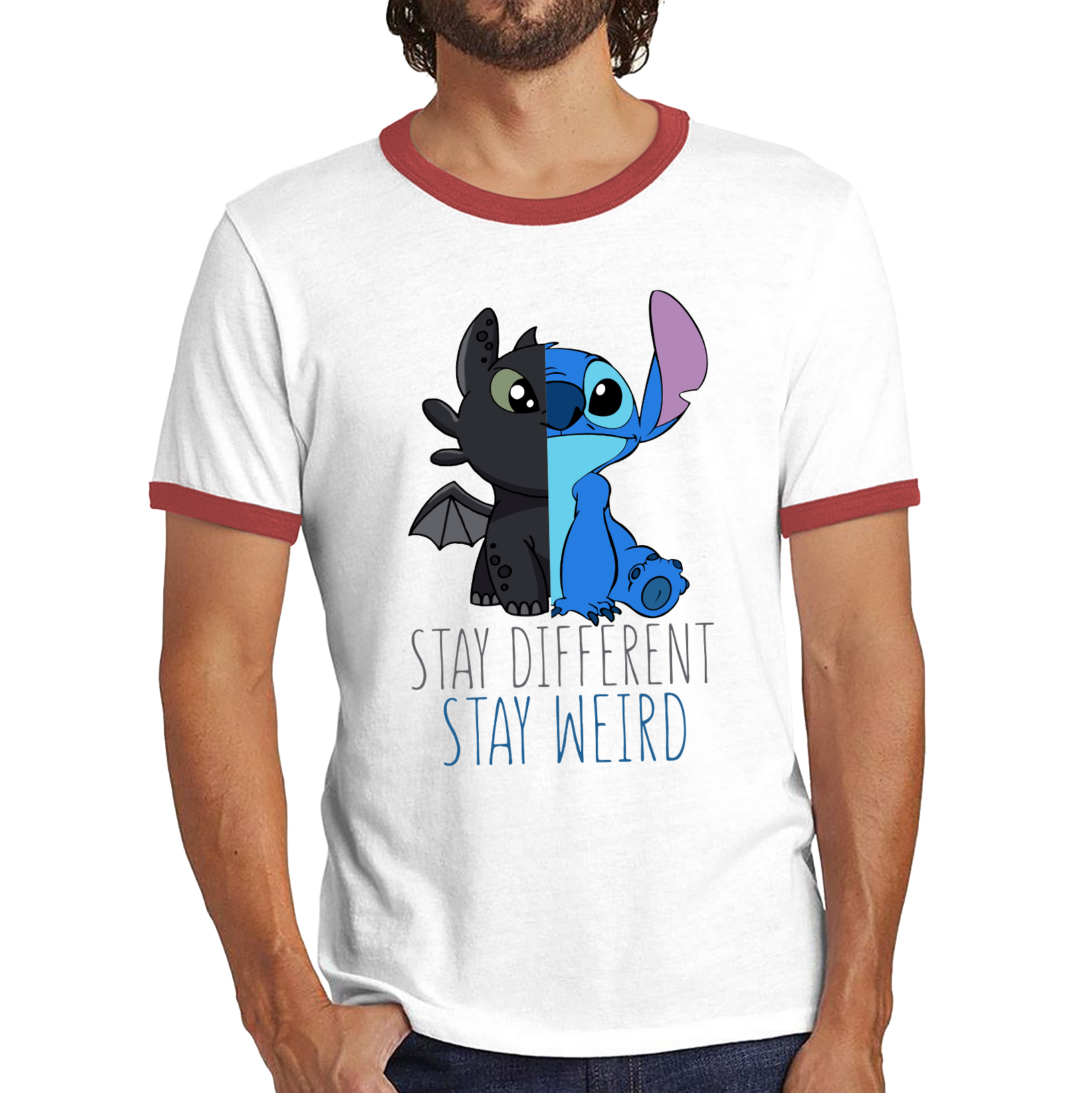 Disney Stitch and Toothless Stay different Stay Weird Ringer T Shirt