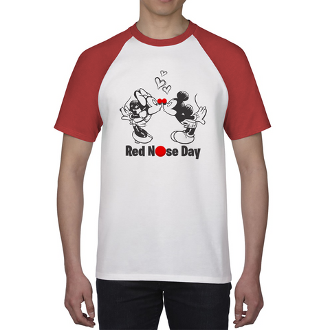 Disney Mickey And Minnie Mouse Red Nose Day Baseball T Shirt. 50% Goes To Charity