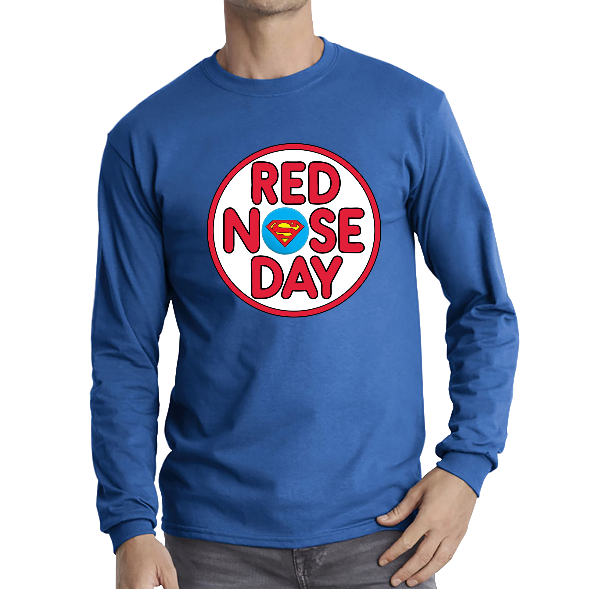Superman Red Nose Day Adult Long Sleeve T Shirt. 50% Goes To Charity