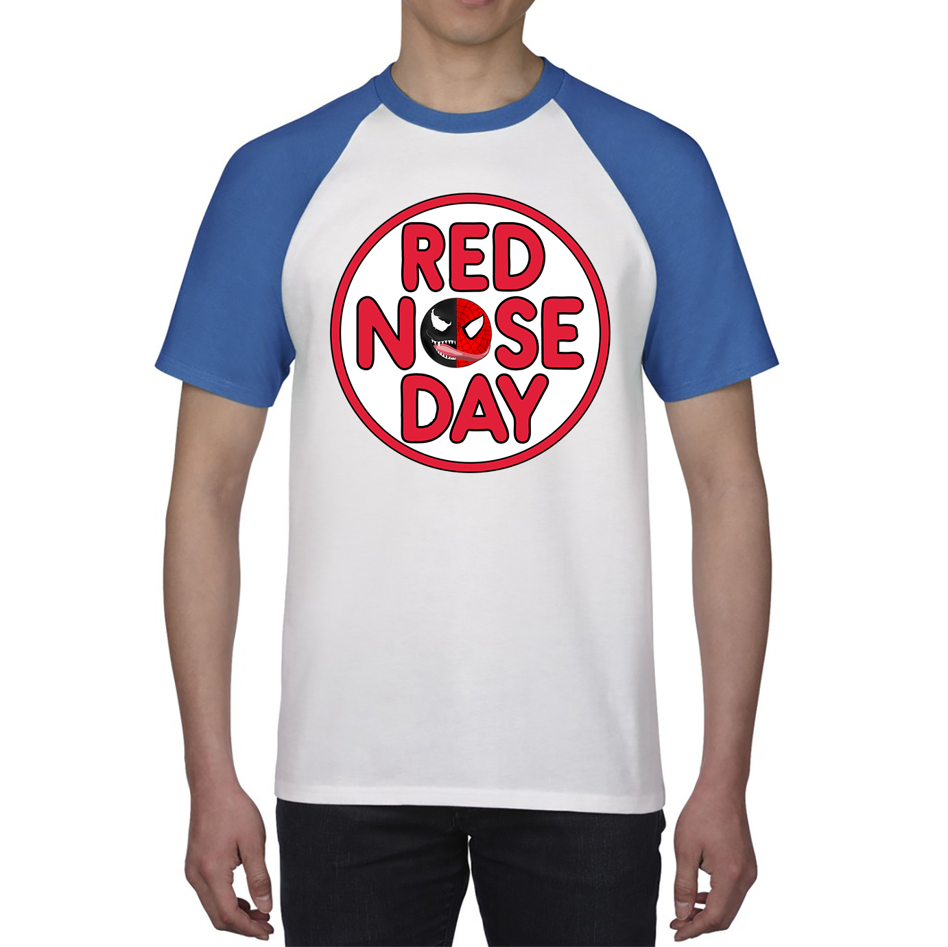 Marvel Venom Spiderman Red Nose Day Baseball T Shirt. 50% Goes To Charity